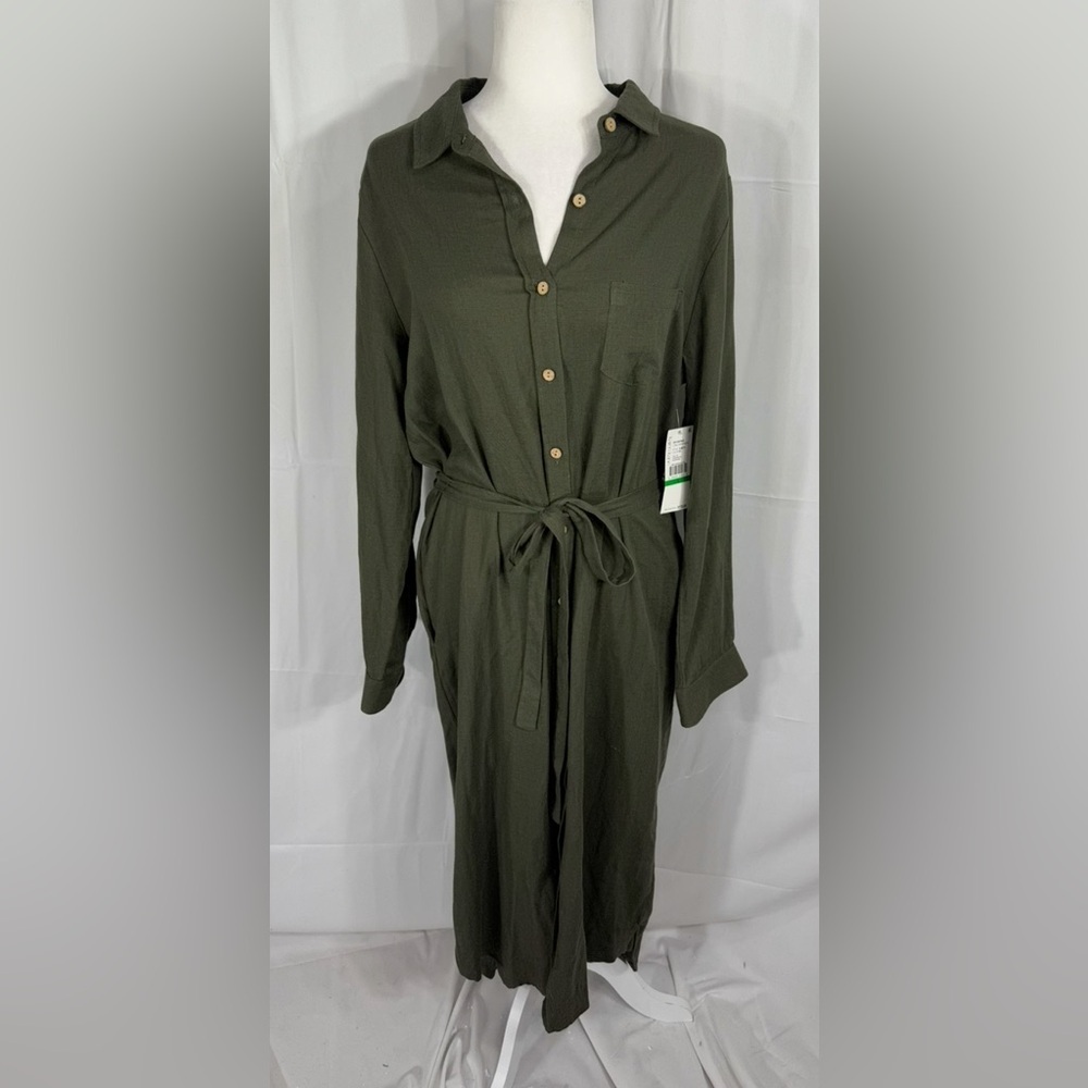 Karen Kane Forest Green Button Front Belted Midi Shirt Dress L Long Sleeve - Picture 2 of 11